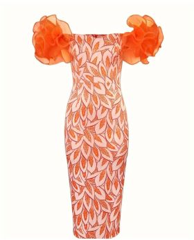 Orange floral print mesh ruffle trim dress