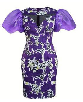 Purple floral print mesh splicing Dress 